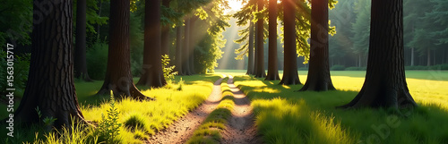 winding path tall pines warm summer afternoon invites peaceful contemplation dappled sunlight filtering