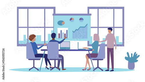 Business team meeting with data presentation in office boardroom with large window and potted plant