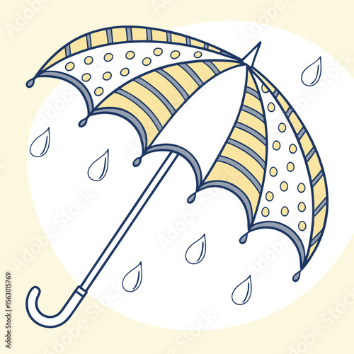 A charming hand drawn illustration of a yellow and blue striped and polka dot umbrella open and protecting from falling raindrops against a soft cream background