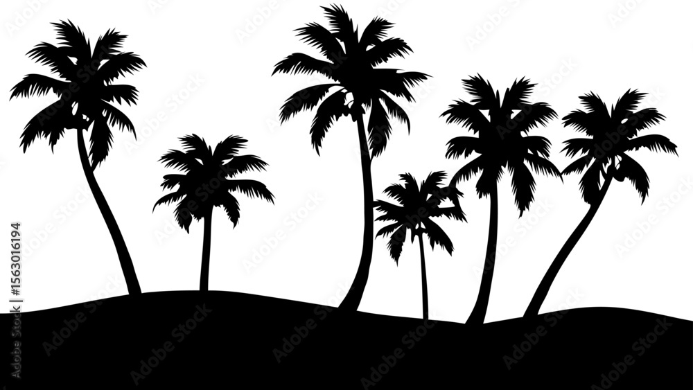 Fototapeta premium Palm tree silhouettes set – black palm tree shape collection. Isolated tropical vector trees on white background. Perfect for summer, beach, jungle, and minimal design use