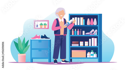 Elderly woman examining a product in front of a blue bookshelf and a blue cabinet with shoes on top