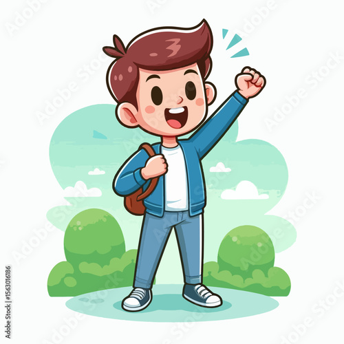 Cartoon illustration of a joyful boy with a backpack, standing outdoors in a park-like setting.  He is depicted with a cheerful expression and his arm raised.