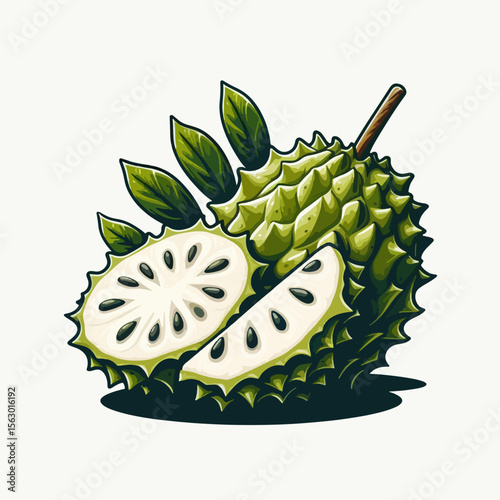 Vibrant graphic design displays a halved prickly pear, or similar tropical fruit, with leaves.  The illustration showcases a distinct style and rich colors.