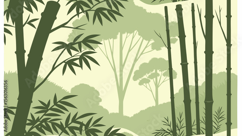 Bamboo forest background vector illustration with tropical leaves and tree branches in a natural design