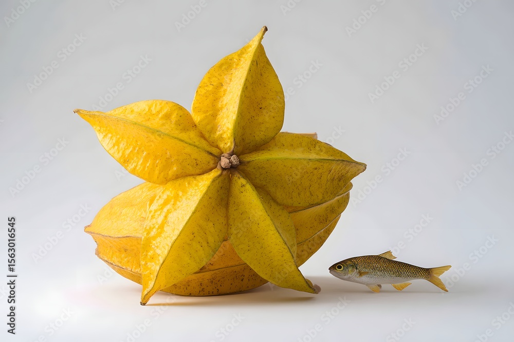 Fototapeta premium Vibrant starfruit next to a small fish on a light background, showcasing nature's bounty and harmony