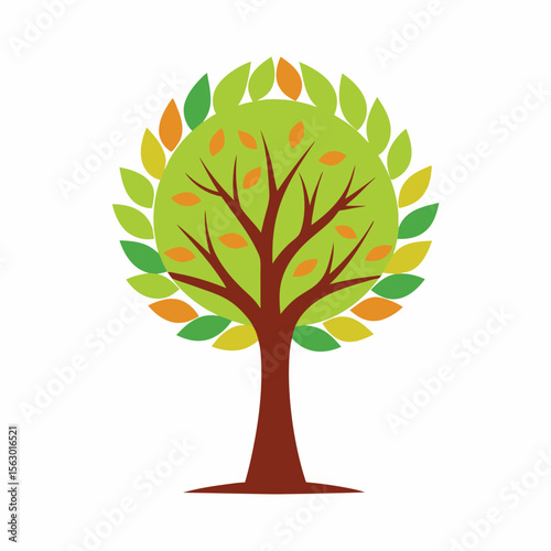 A tree with a single leaf falling, a simple and beautiful icon for the seasons, autumn, and change.