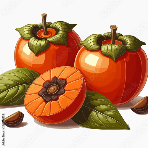 Digital illustration showcases two whole persimmons and a sliced one.  The fruit is highlighted with rich colors and detailed leaves.