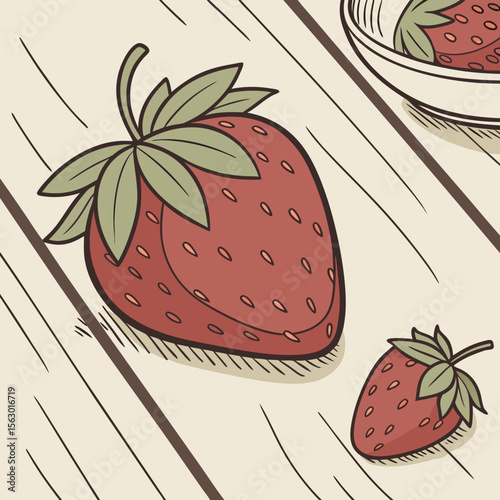 A closeup of strawberries on a wooden table illustration