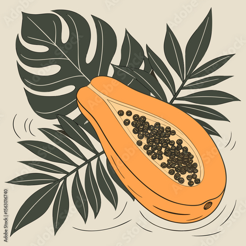 A sliced papaya with seeds surrounded by tropical leaves illustration
