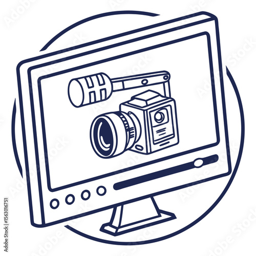 Digital video camera with microphone mounted on a computer monitor screen viewed through a circular outline representing media production
