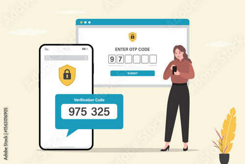 Woman user enter code from sms on web screen. Two factor authentication. 2FA, verification password and login for user identity authentication, internet security.