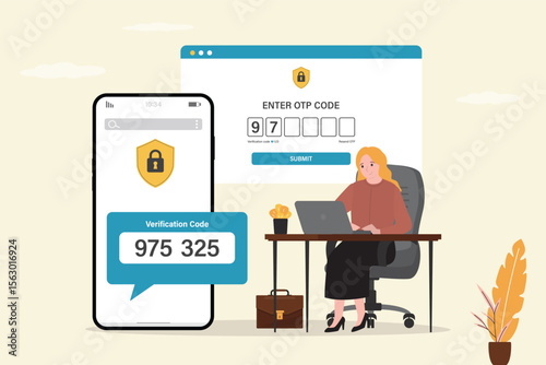 Female user enter code from sms on laptop screen. Two factor authentication. 2FA, verification password and login for user identity authentication, internet security.