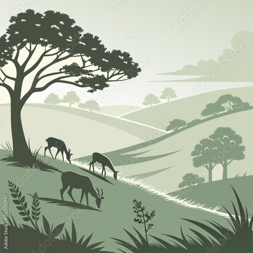 Deer graze peacefully on rolling green hills in a tranquil landscape