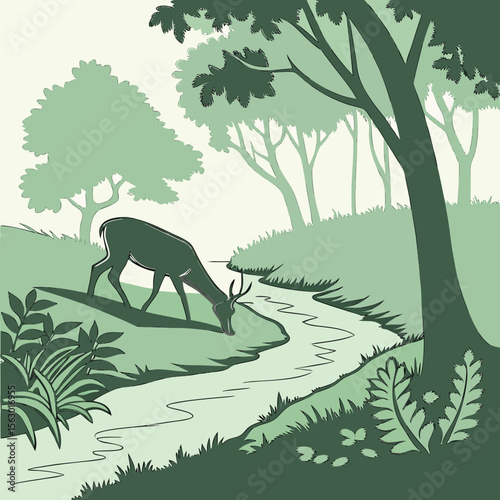 A deer drinks from a winding river in a serene forest landscape