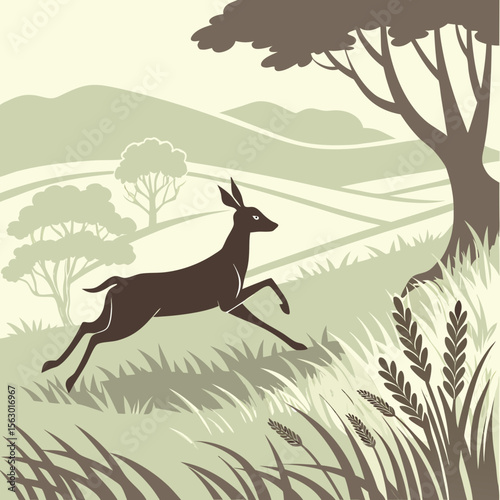 A deer sprints across a grassy field in a rural landscape scene