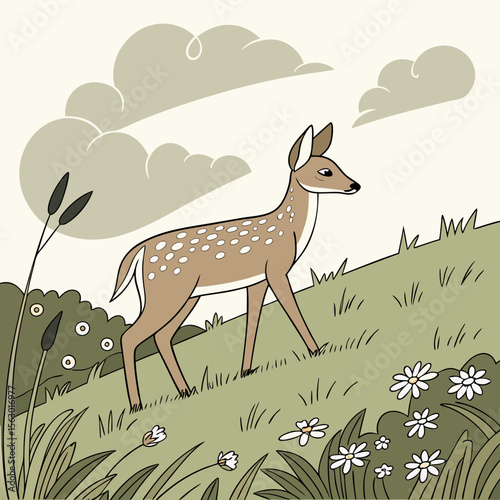 A spotted fawn walks through a grassy meadow under a cloudy sky