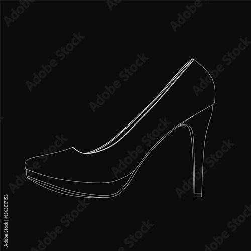 A high heeled shoe with a pointed toe and stiletto heel stands out in a sleek line drawing on a black background. The elegant design exudes sophistication and style, perfect for fashion concepts.