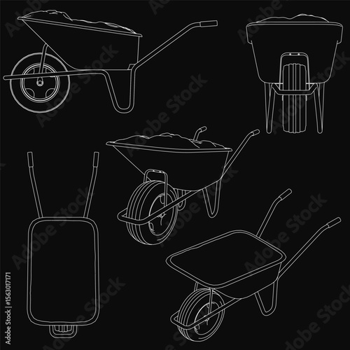 Wheelbarrows stand out against a black background with crisp white outlines, creating a striking contrast. The minimalist composition highlights their simple yet functional design.
