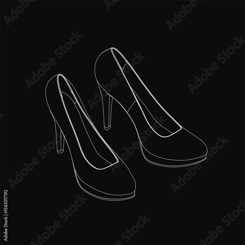 Black high heeled shoes with pointed toes and stiletto heels stand elegantly on a dark background. The sleek design exudes sophistication, while the monochromatic palette creates a striking contrast.