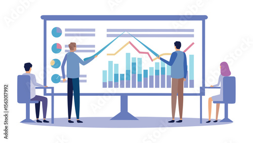 Presentation of business data with graph and charts in a meeting with four people present