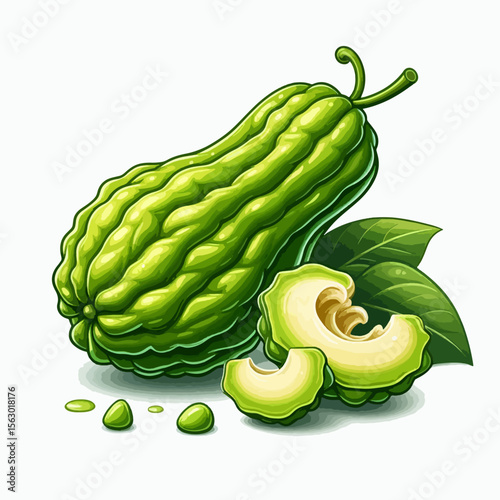 Vibrant graphic of a whole and cut bitter melon, with vibrant green coloring and details.
