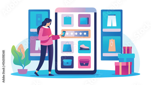 Woman using mobile app for shopping with images of clothes and bags on the screen display showing items