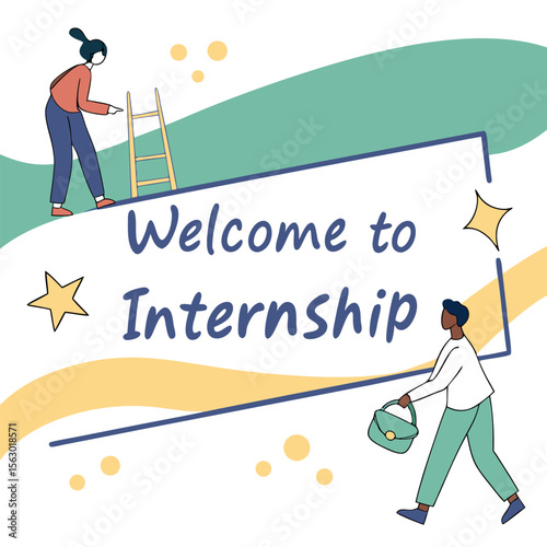 Welcome to internship text with two diverse people climbing a ladder and walking with a bag representing career growth and new opportunities