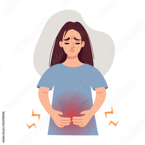 The girl suffers from stomach pain. Stomach pain. Sick stomach.