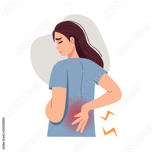 The girl suffers from back pain. Back pain. Sick spine.