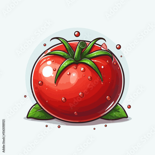 Stylized, cartoon-like depiction of a whole, red tomato with a stem and leaves, set against a light background.  It displays realistic textures and highlights.