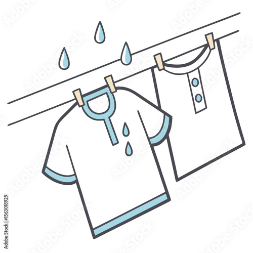 Two white t shirts with light blue trim hanging on a clothesline with clothespins as raindrops fall from above