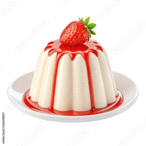 3d creamy panna cotta with strawberry and syrup isolated on transparent background
