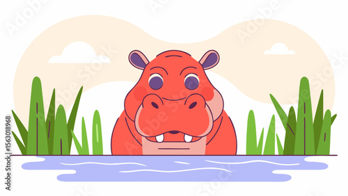 Cute cartoon baby hippos play happily in the green grass and cool water with funny frogs