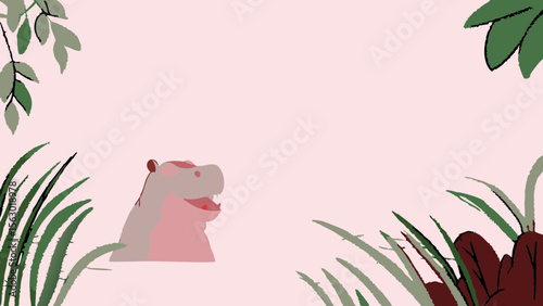 Cute vector cartoon baby hippo illustration in a  frame on the grass, perfect for a fun holiday greeting card design