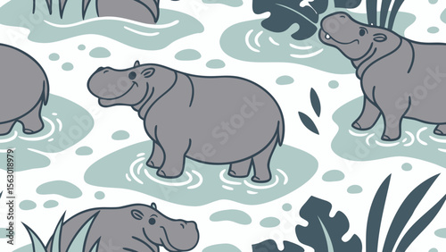 Seamless pattern with funny cartoon hippo, illustrations for a wild safari design