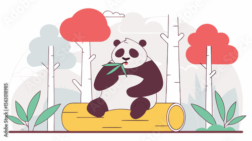 A fun cartoon vector illustration of a cute baby panda bear surrounded by bamboo