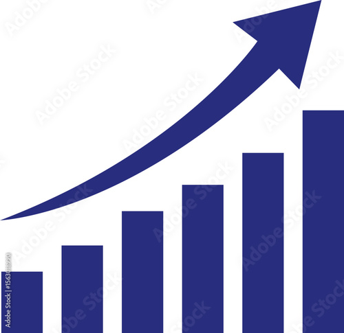 Blue bar graph with an upward trending arrow indicating growth