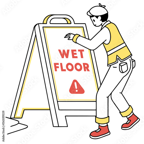 A person in a yellow vest and cap places a wet floor sign with a red exclamation mark warning of slippery conditions and potential hazards