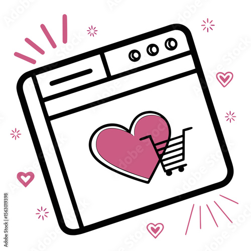 Digital shopping cart icon with a large pink heart and small hearts and sparkles on a white background representing online retail and e commerce
