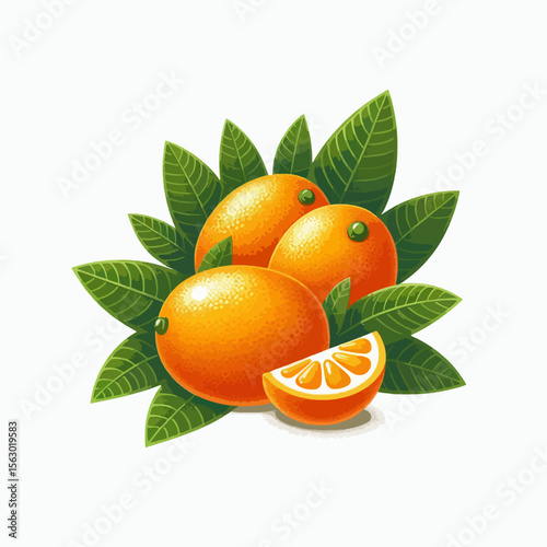 Digital illustration of oranges and leaves, depicting vibrant, whole and sliced citrus fruits with bold color and detail.