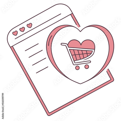 Conceptual illustration of online shopping with a heart symbol embracing a shopping cart on a digital interface representing e commerce