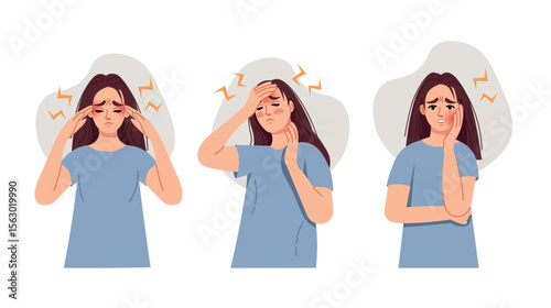 Disease Set. The girl suffers from different types of pain. Toothache, headache, sore throat
