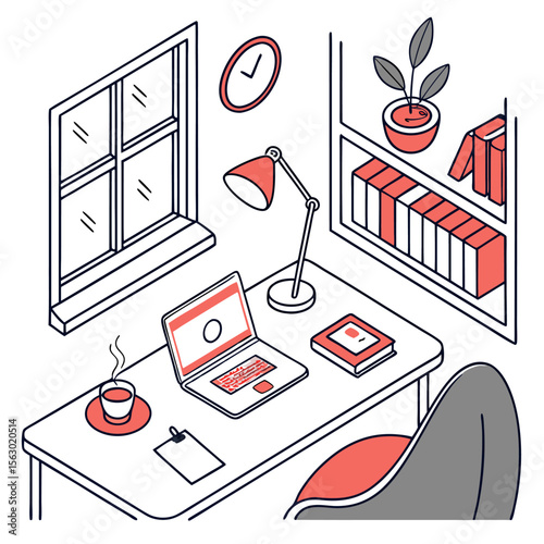 Cozy isometric home office setup with a laptop desk lamp steaming coffee cup book plant and bookshelf creating a productive and comfortable workspace atmosphere