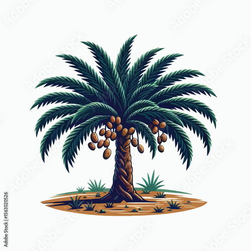 Vibrant graphic depiction of a date palm, with a stylized rendering of its lush foliage and clusters of fruit. The image appears to be digitally created, showcasing a rich color palette.