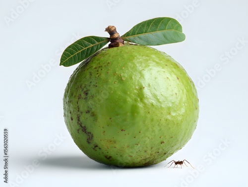 Fresh green avocado with leaves and a small ant on a light background, showcasing nature's details