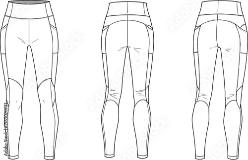 High waist athletic leggings technical flat, activewear pants fashion design, vector sketch front and back view for CAD