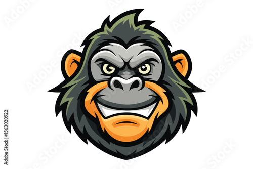 Cartoon gorilla with a gray face gives an expressive, toothy grin forward facing
