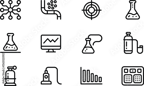 Scientific Lab and Experimentation Icon Set Featuring Chemical Flasks, Laboratory Equipment, and Data Graphs