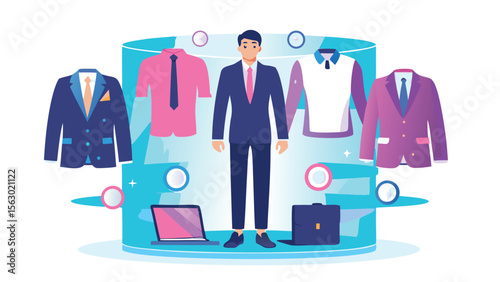 Man standing with suits shirts laptop and briefcase in a virtual dressing room setting online shopping