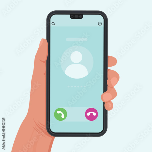 Call from unknown number. Call on the phone. Phone call. Phone call interface. Hand holding a phone.Vector illustration in flat style